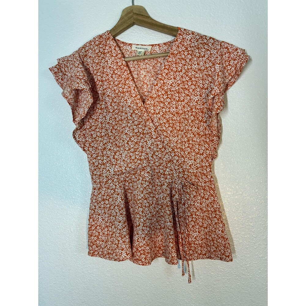 Monteau Blouse Juniors Medium Orange V Neck Flutter Sleeve Wrap Floral Top